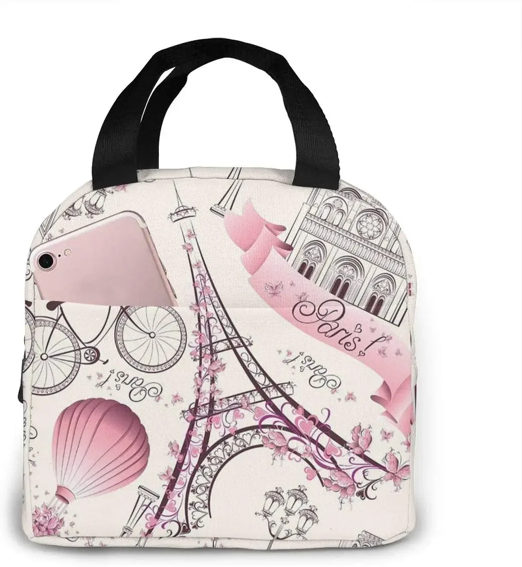 Meal Prep Tofu - Rosa Lunch-Tasche mit Eiffelturm-Motiv für Picknick,